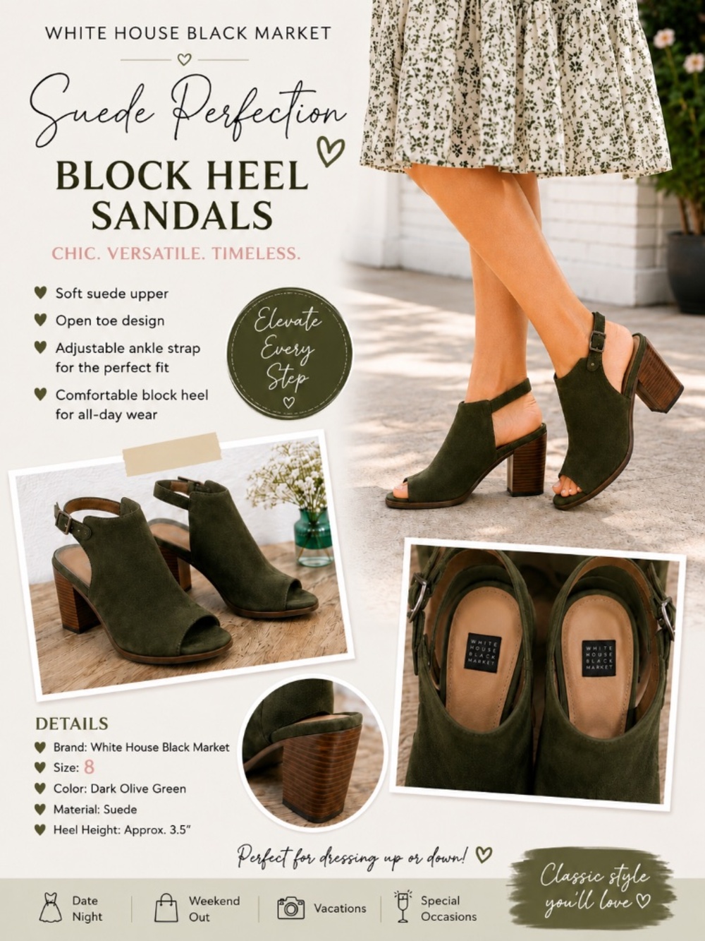 White House Black Market Suede Block Heel Sandals Dark Olive Green Size 8